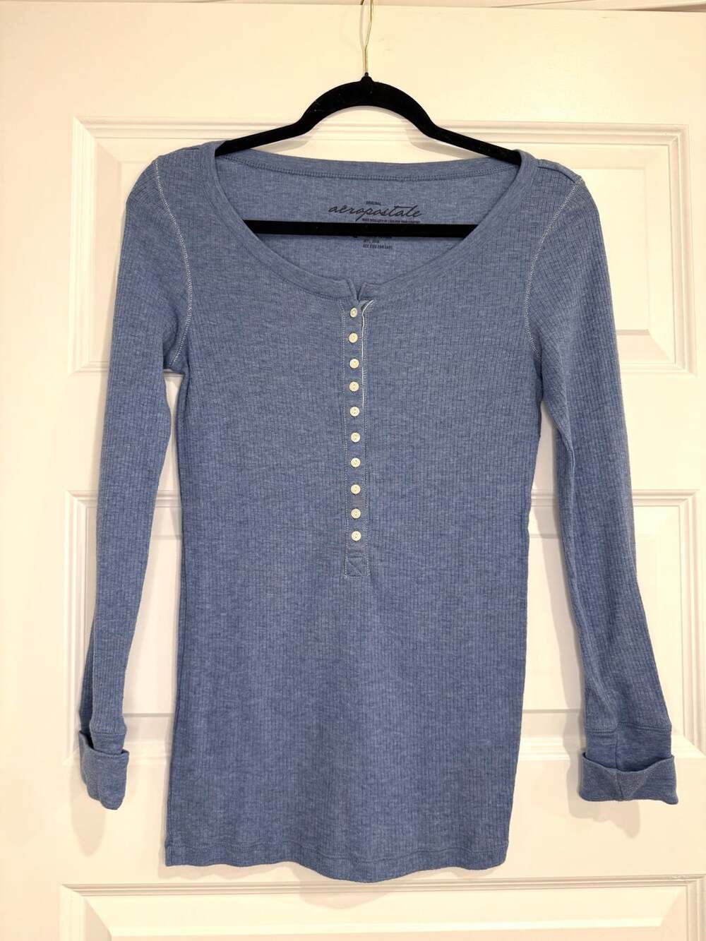 Y2K Aeropostale Blue Ribbed Long Sleeve Henley Top Size L